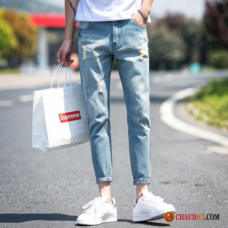 Jean Skinny Blanc Homme Baggy Pantalon Bleu Des Trous Dans Les Jeans Jambe Droite