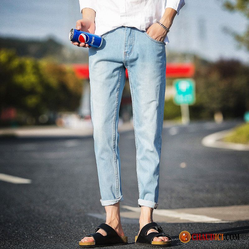 Jean Skinny Blanc Homme Baggy Pantalon Bleu Des Trous Dans Les Jeans Jambe Droite