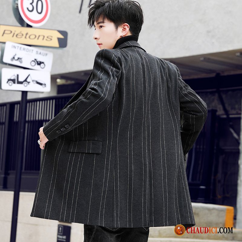 Manteau Luxe Homme Tissu De Laine Costume Coupe Vent Longue Noir