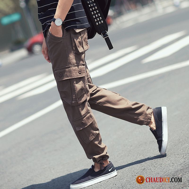 Pantalon A Pince Homme Multi-poche Longue Étudiant Cargo Jambe Droite