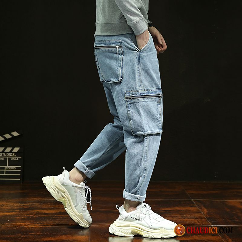 Pantalon Cargo Détente Homme Coton Bleu Marin Baggy Multi-poche Homme Jeans Soldes