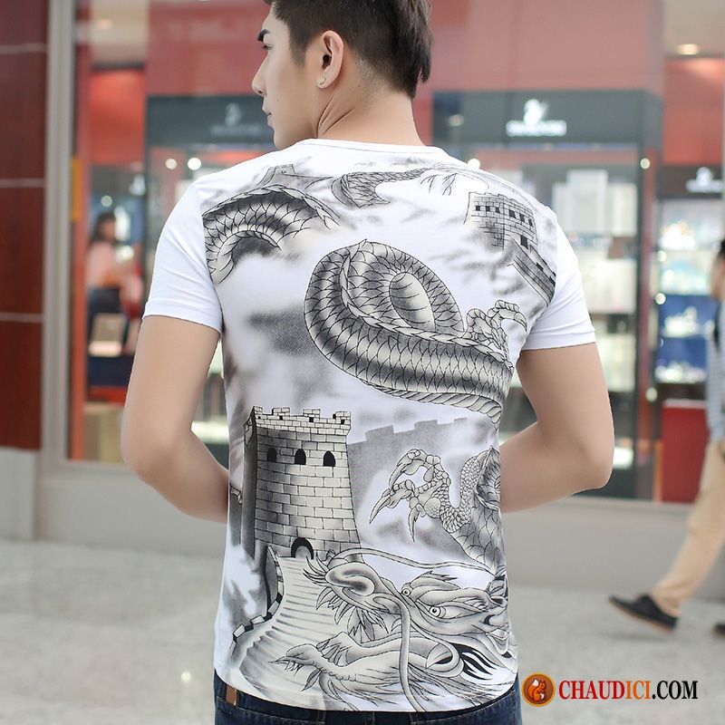 T Shirt Mariniere Homme Col V Marine Style Chinois Dragon Homme Courte Dominateur