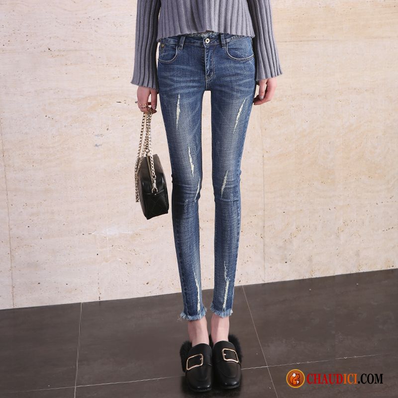 Taille De Jeans Femme Maigre Haute Cintrée Troués Étudiant Printemps Pas Cher
