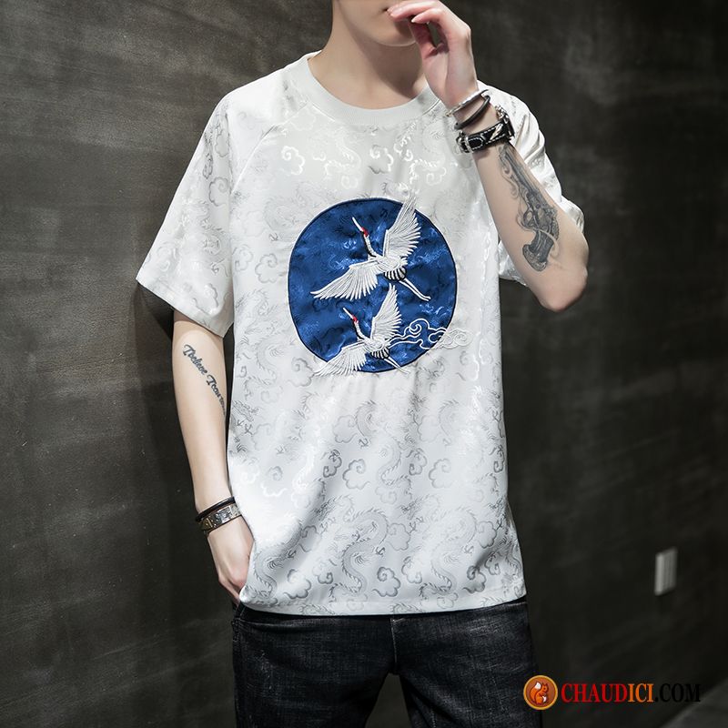 Taille Tee Shirt Homme Beige Homme Grue Tendance Courte Style Chinois