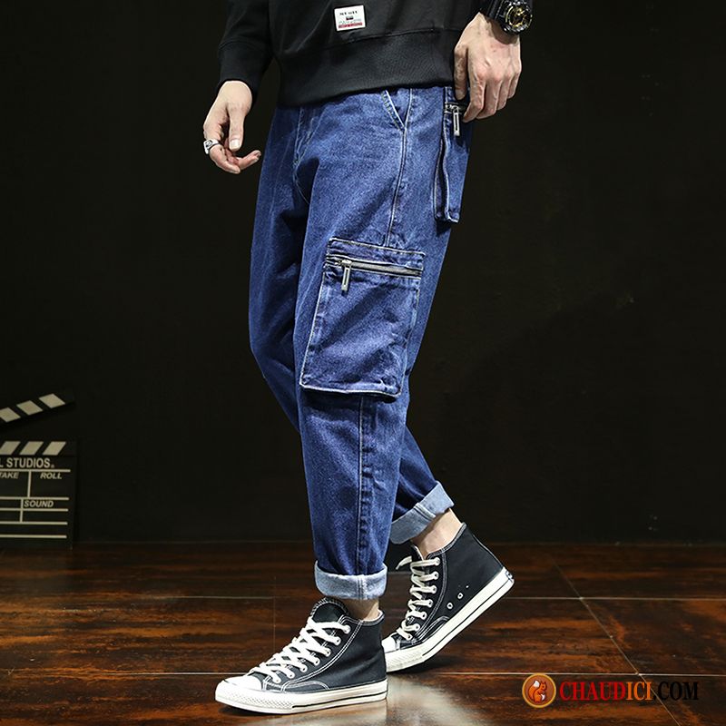 Pantalon Cargo Détente Homme Coton Bleu Marin Baggy Multi-poche Homme Jeans Soldes
