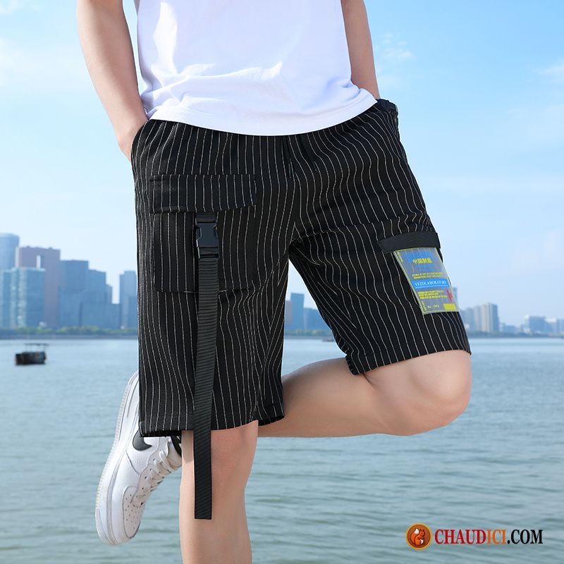Shorts À Pince Homme Baggy Jambe Droite Cargo Rayé Pantalons