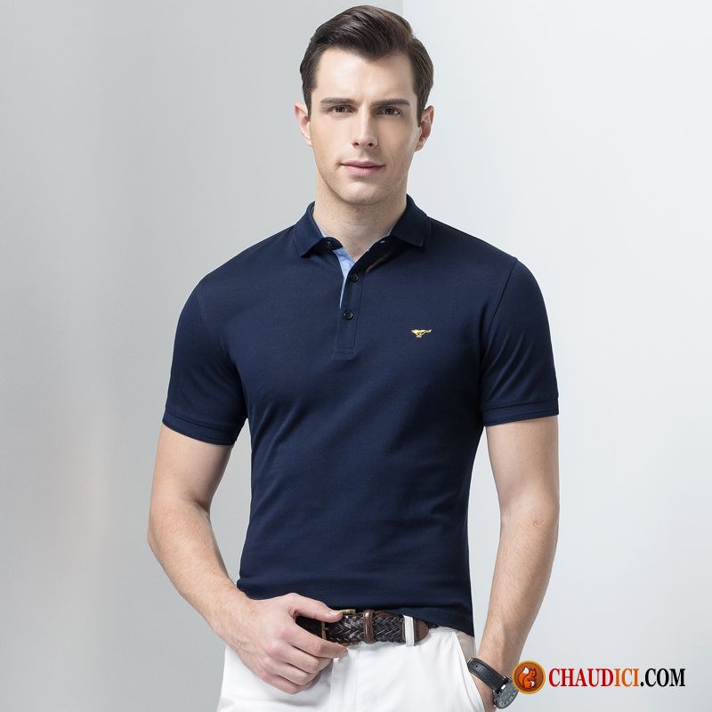 T Shirt Homme Bleu Marron T-shirt Mode Revers Roulé Courte Loup Pas Cher