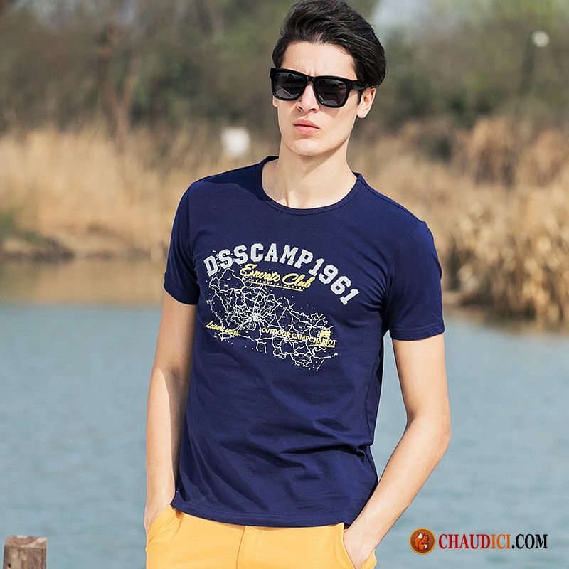 T Shirt Rayé Noir Et Blanc Homme Seagreen Impression T-shirt Été Bleu Marin Coton Pas Cher