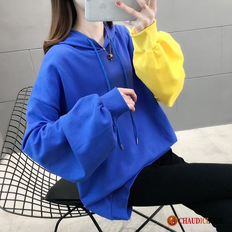 Blanc Bleu Sweat À Capuche Bleu Une Veste Dame Longue Baggy