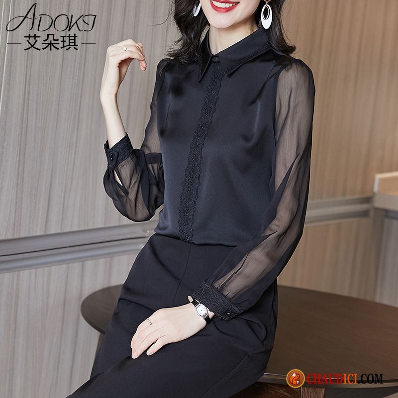 Blouse Blanche Manche Longue Femme Noir Chemisier Mousseline De Soie Désign Femme En Vente