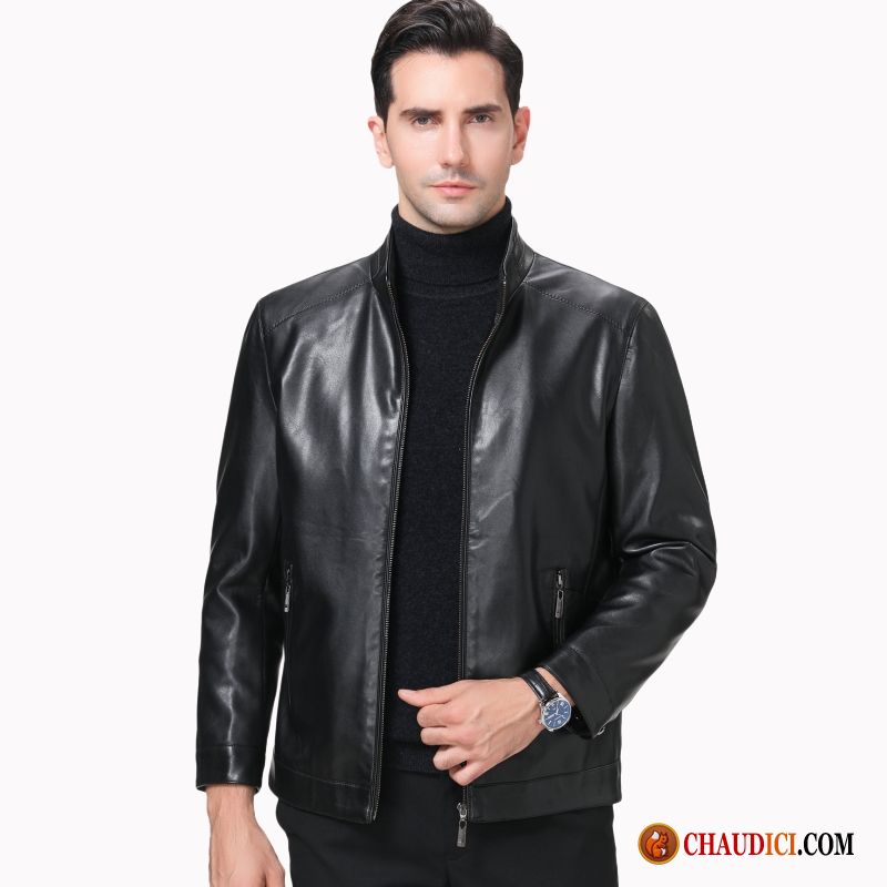 Blouson Cuir Homme Avec Capuche L'automne Veste Cuir Véritable Plus De Velours Peau De Mouton Pas Cher