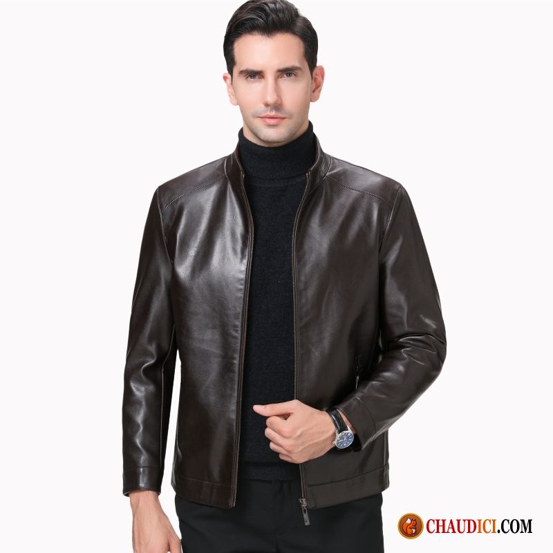 Blouson Cuir Homme Avec Capuche L'automne Veste Cuir Véritable Plus De Velours Peau De Mouton Pas Cher