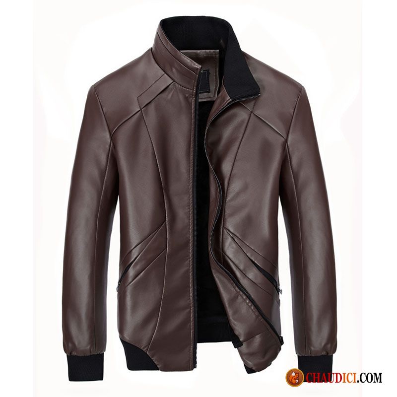 Blouson Cuir Homme Marron Slim Hiver Manteau Vestes En Cuir Épaissir Pas Cher