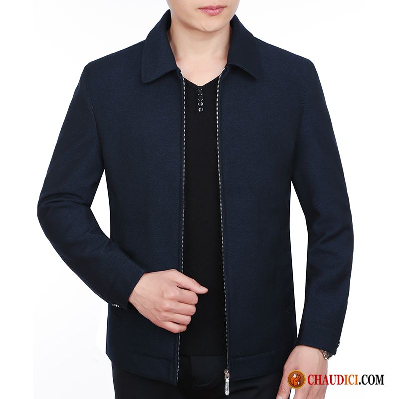 Blouson Faux Cuir Homme Marine Tendance Revers Roulé Slim Blouson Manteau