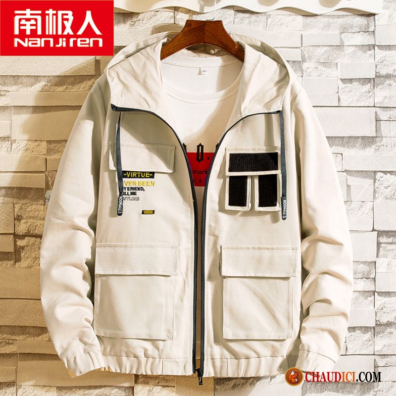 Blouson Homme Blanc Cargo Manteau Beau Printemps Tendance