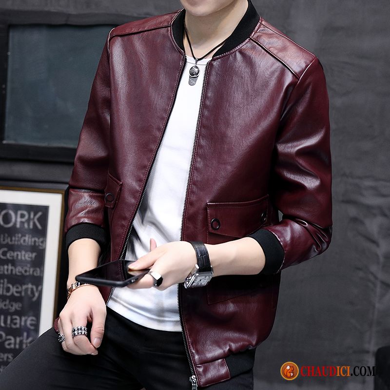 Blouson Rouge Homme Blé Vestes En Cuir L'automne Veste Tendance Vêtements Moto Pas Cher