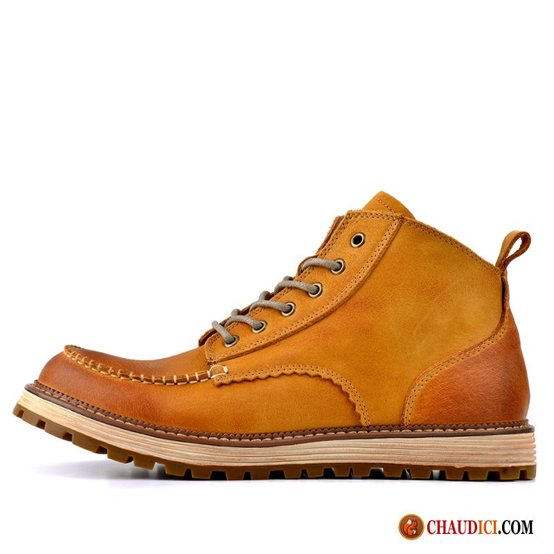 Boots Bottines Homme Pas Cher Cuir Véritable Jaune Bottes Courtes Homme Hiver