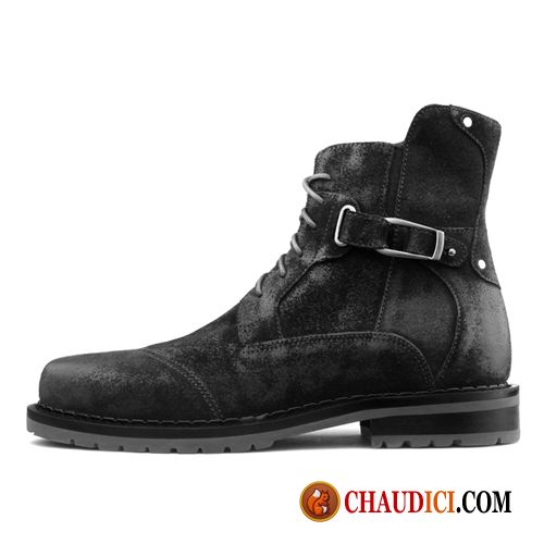 Botte Pour Homme Hiver Cuir Véritable Tendance Bout Rond Angleterre Pas Cher