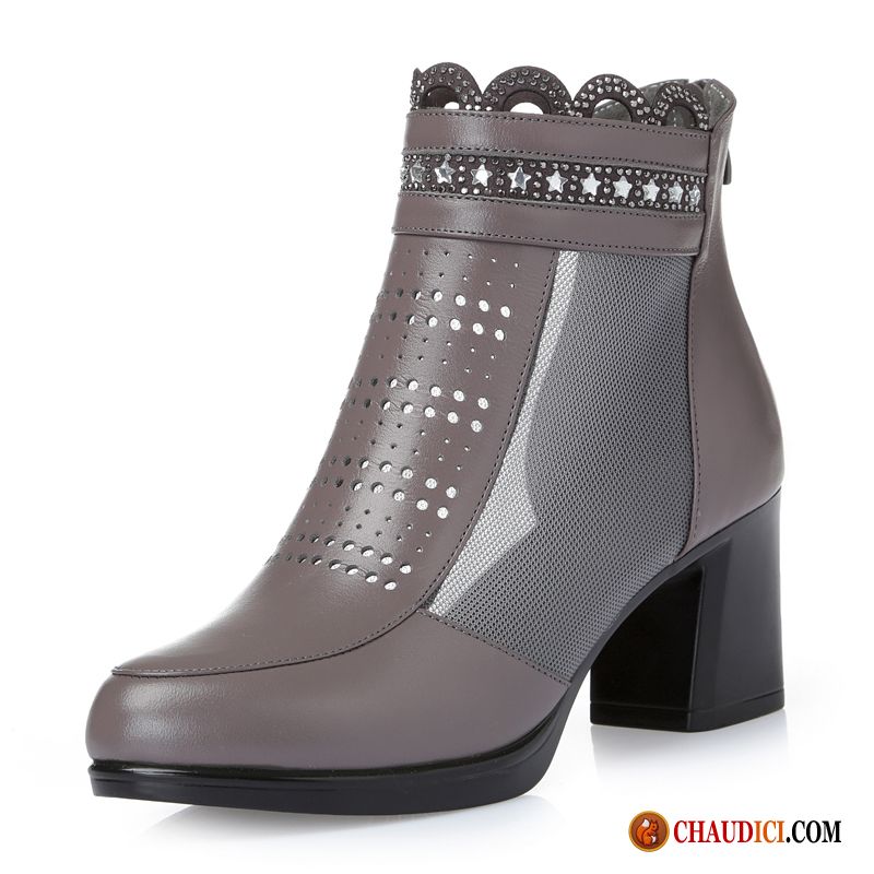 Bottes Cuir Pas Cher Bout Rond Creux Guipure Mesh Printemps Bottes