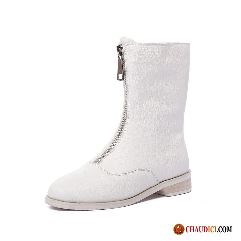 Bottes De Cuir Pour Femme Bottes Cuir Véritable Printemps Blanc Fermeture Éclair Pas Cher