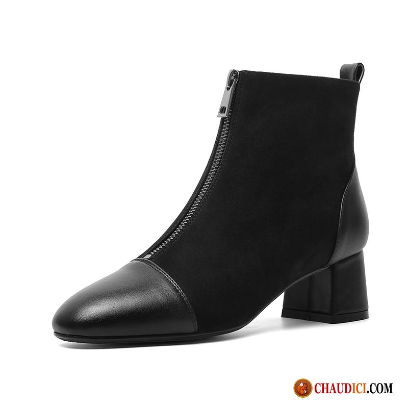 Bottes Femme Grises En Cuir Élasticité Épais Bottes Courtes Femme Noir