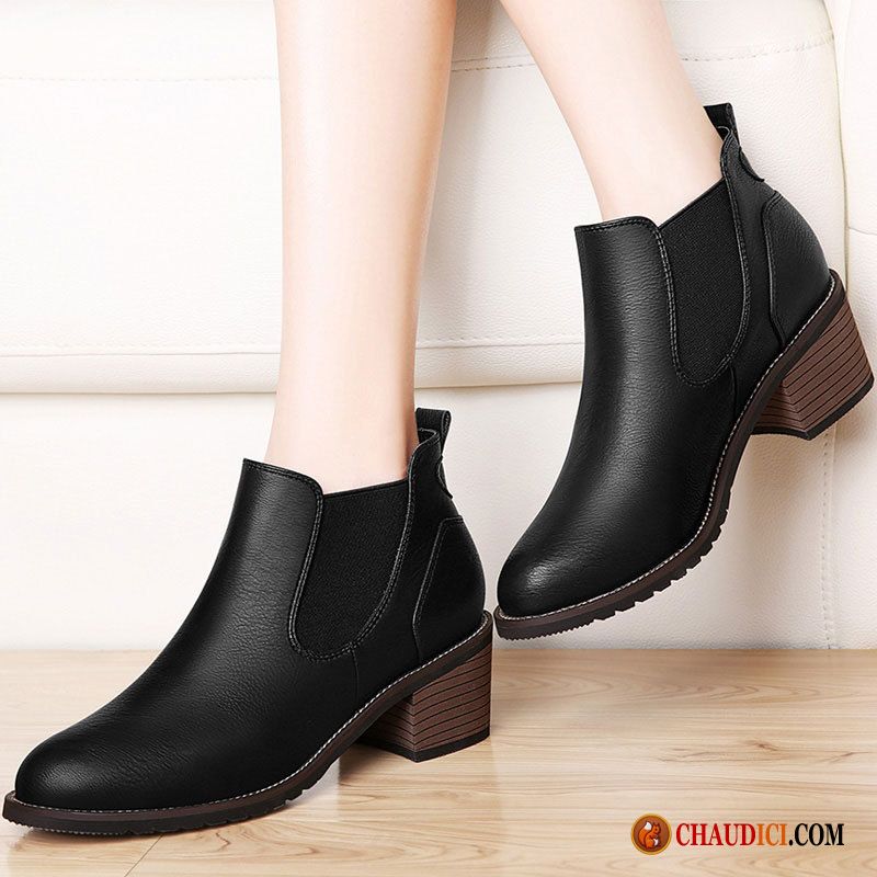 Bottes Noires Plates Cuir Kaki Bottes Martin Bottes Courtes Tendance Printemps Talon Moyen Pas Cher