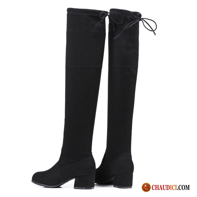 Bottes Noires Plates Cuir Écarlate Gris Épais Haute Tous Les Assortis Longue Pas Cher