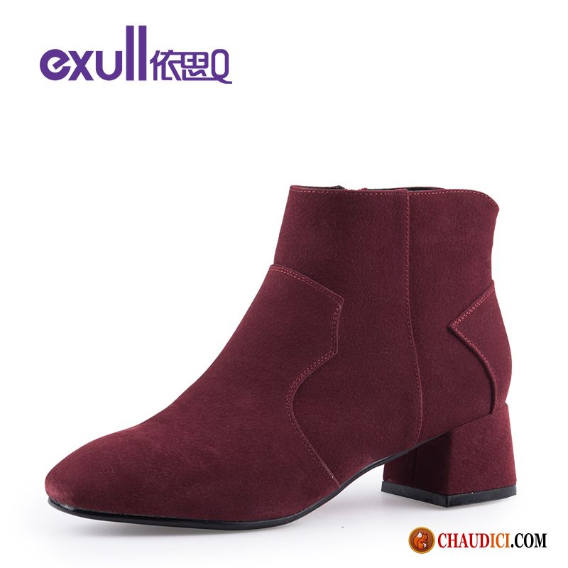 Bottes Rouges Femme Cuir Suédé Bottes Courtes Épais Talon Moyen Femme En Ligne