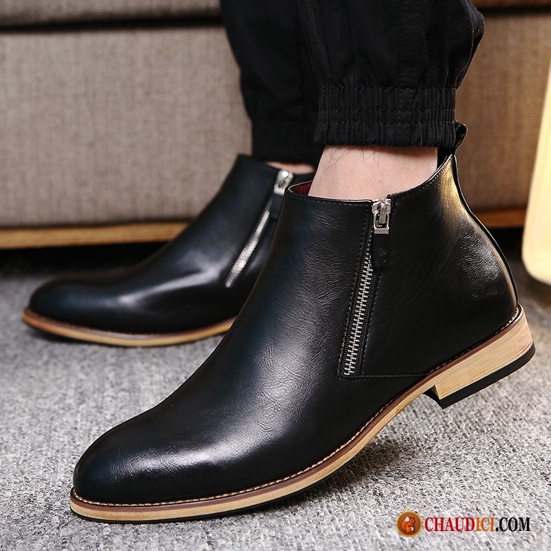 Bottines Cuir Marron Homme Angleterre Tendance Mode Fermeture Éclair Bottes En Vente