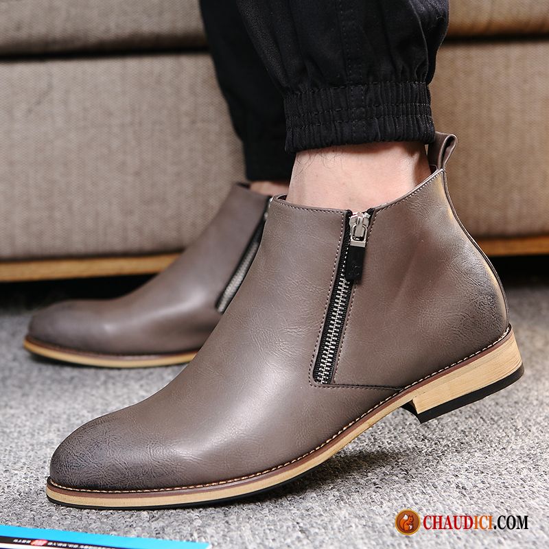 Bottines Cuir Marron Homme Angleterre Tendance Mode Fermeture Éclair Bottes En Vente