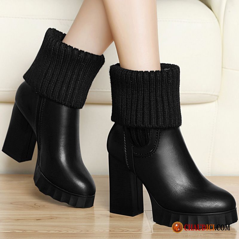 Bottines En Cuir Femme Épais Angleterre Bottes Courtes Plus De Velours Talons Hauts