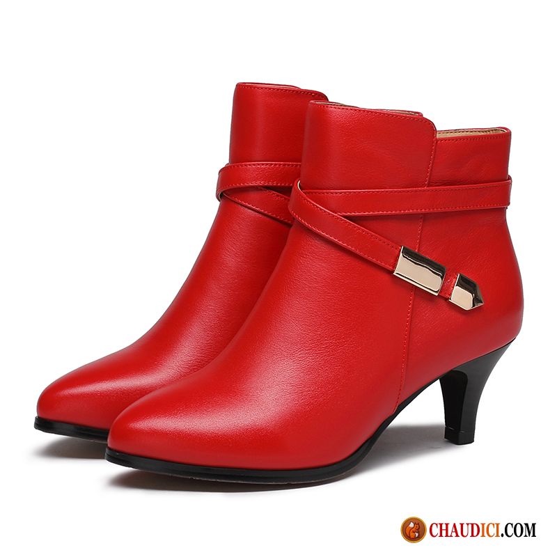 Bottines Noires Femme Mode Talon Moyen Rouge Élégant Bottes Courtes Pas Cher