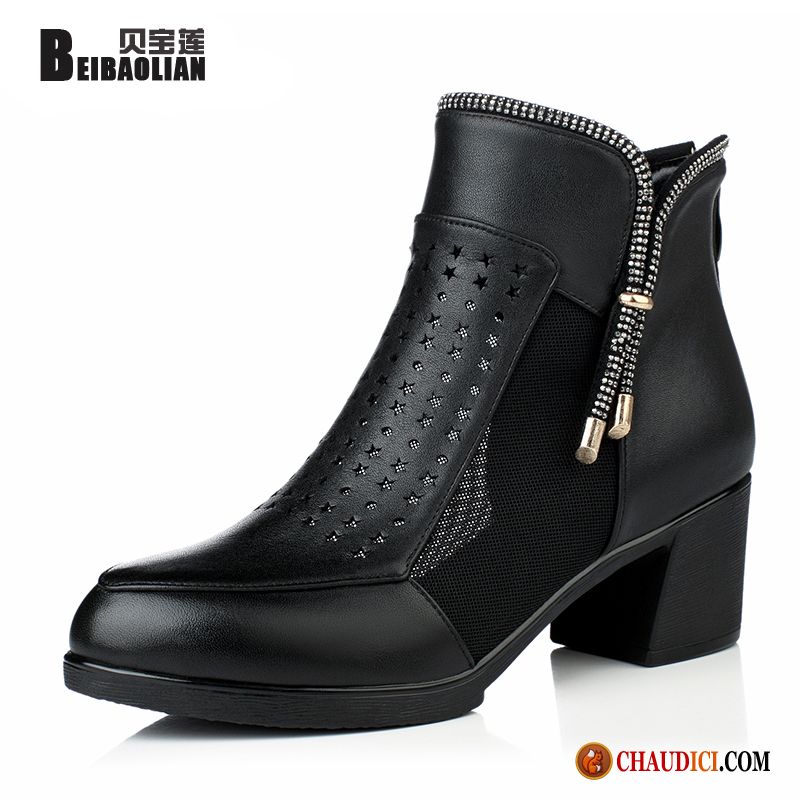 Bottines Noires Talons Rosybrown Bottes Épais Yarn Net Talon Moyen Cuir Véritable Pas Cher