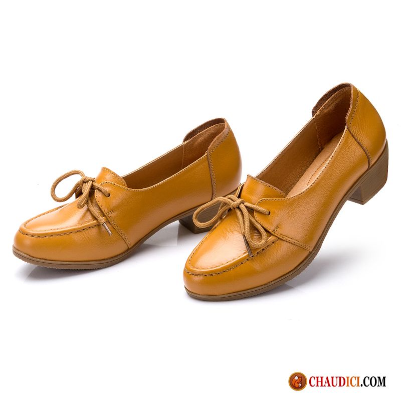 Chaussures Cuir Marron Femme Laçage Épais Printemps L'automne Talon Moyen En Ligne