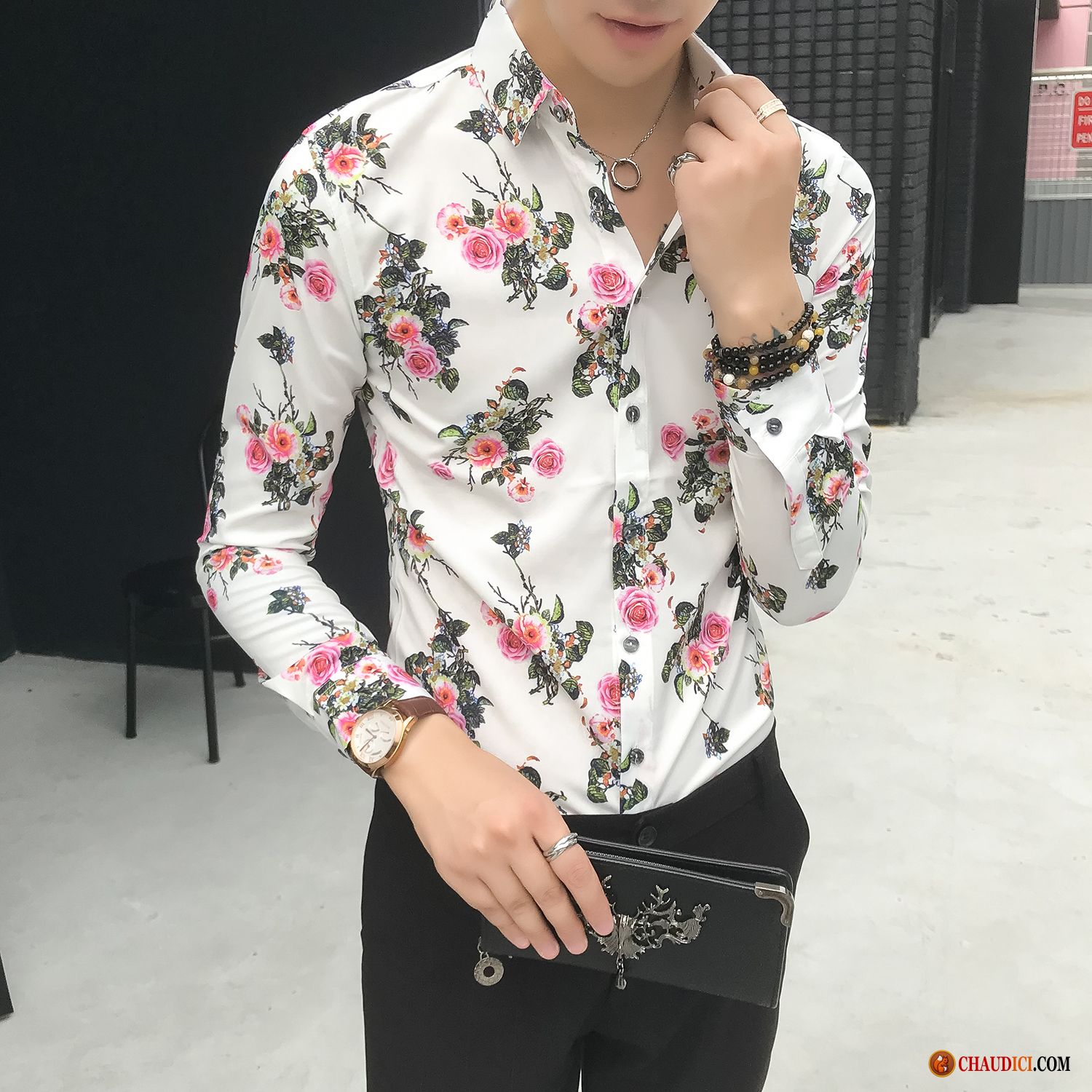 Chemise Blanche Homme Manche Courte Floral Personnalité Tendance Fleur Beau