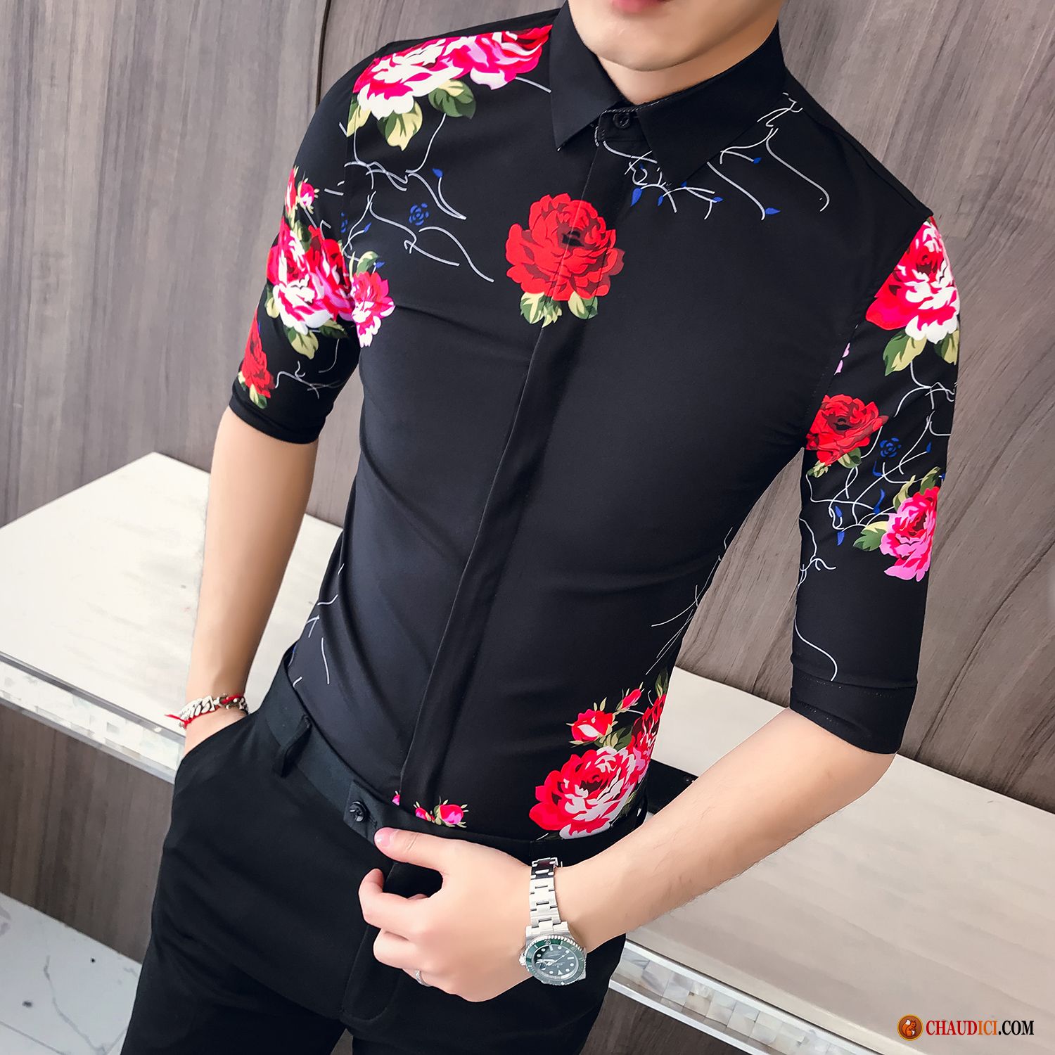 Chemise Cintrée Homme Pas Cher Palegoldenrod Rouge Courte Chemise Manche Noir