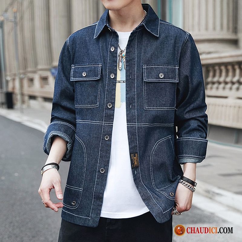 Chemise En Jean Manche Courte Homme Tendance Baggy Chemise Manteau L'automne