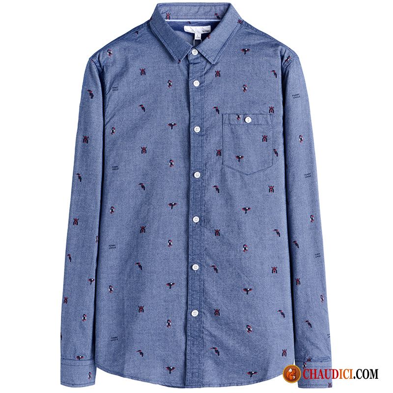 Chemise Homme Bleu Royal Homme Épissure Longues Printemps Impression Pas Cher