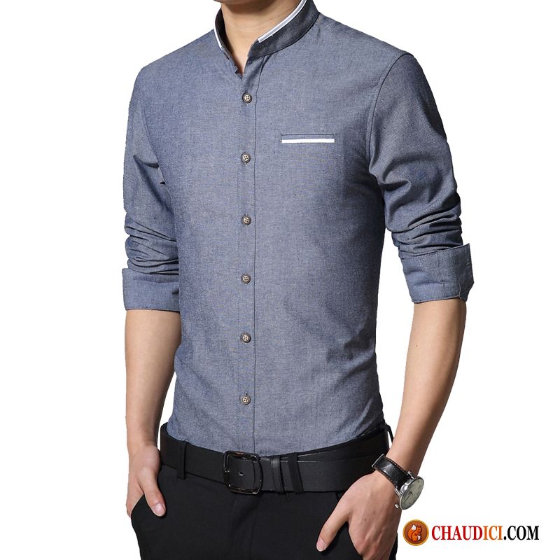 Chemise Homme Denim Bronzer Slim Décontractée Tendance Col Mandarin De Travail