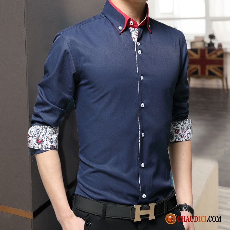 Chemise Homme Denim Bronzer Slim Décontractée Tendance Col Mandarin De Travail