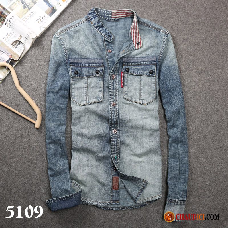 Chemise Homme Pas Cher Marque L'automne Col Mandarin Denim Homme Manteau En Vente