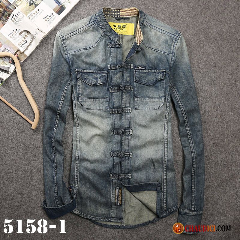 Chemise Homme Pas Cher Marque L'automne Col Mandarin Denim Homme Manteau En Vente