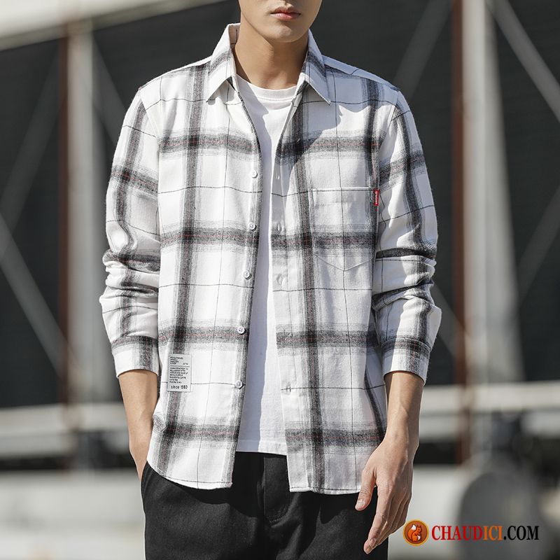 Chemise Lin Blanc Homme Courte Anniversaire Carreaux Tendance Rouge Pas Cher