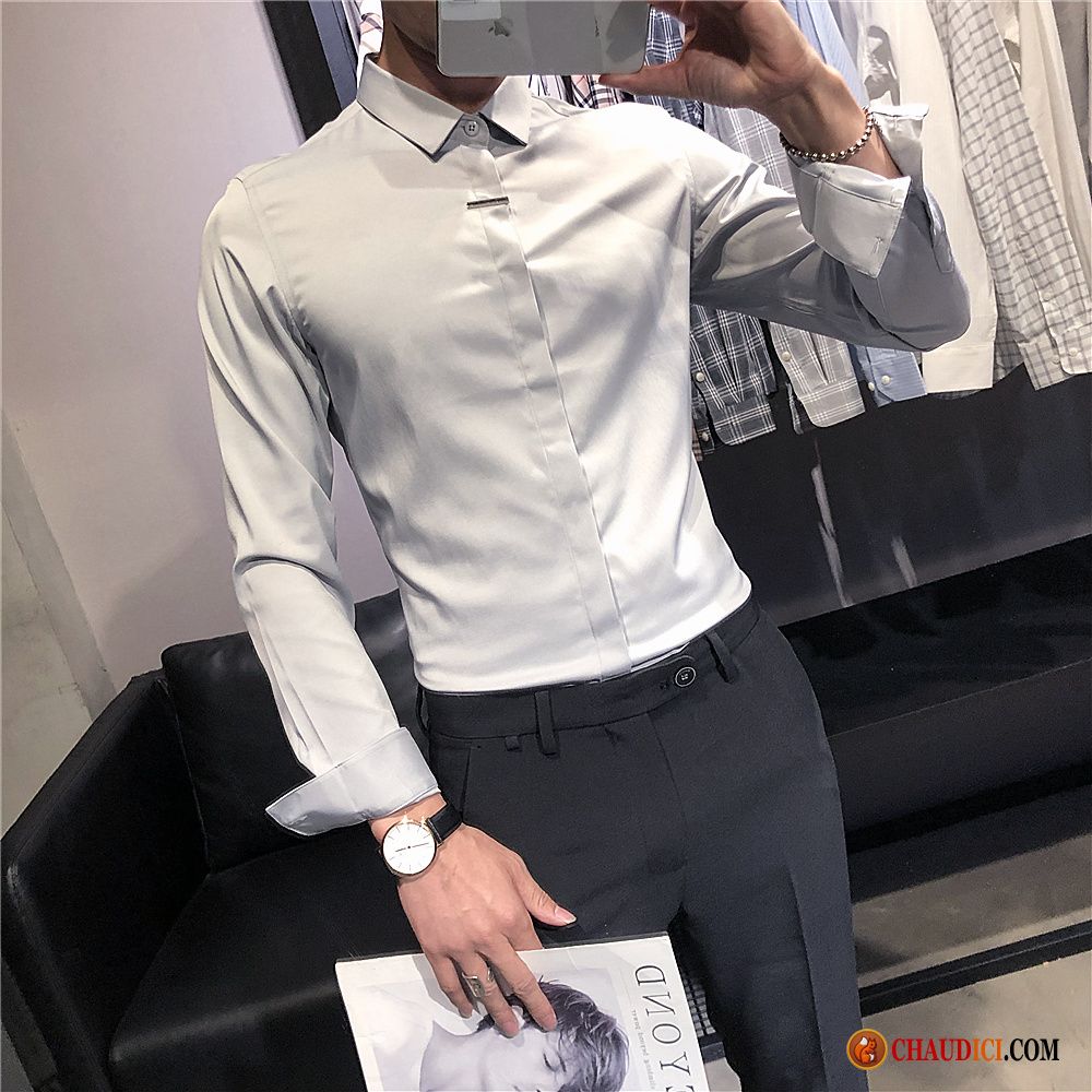 Chemise Manche Longue Homme Pas Cher Lavande Tendance Slim Britanique Longues Pure En Ligne