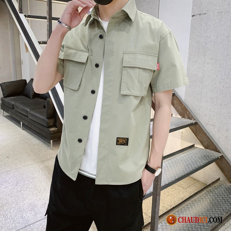 Chemise Mode Homme Vert Chemise Cargo Courte Décontractée Pas Cher