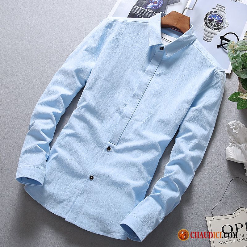 Chemise Homme Lin-Coton Manches Longues - Coupe Régulière - Blanche - Légère Et Respirante - Été, Plage