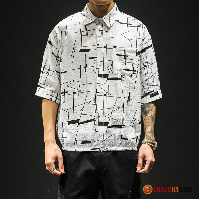 Chemise Sans Col Homme Manche Impression Tendance Homme Baggy