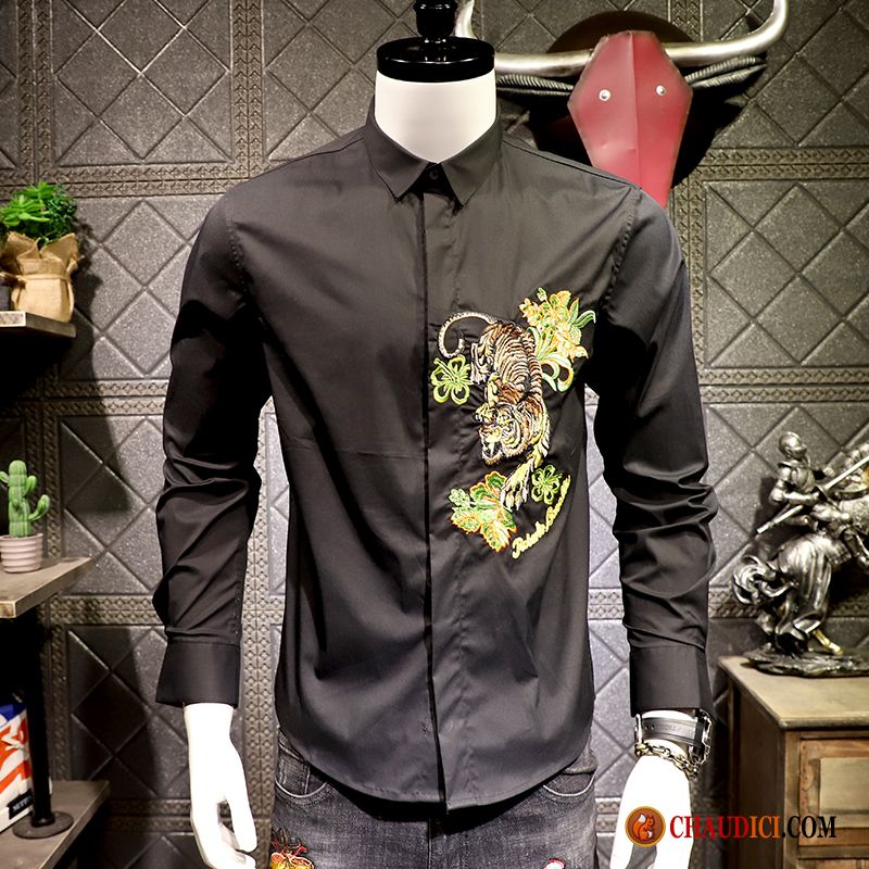 Chemise Sans Col Homme Mode Printemps Slim Homme Longues Pas Cher