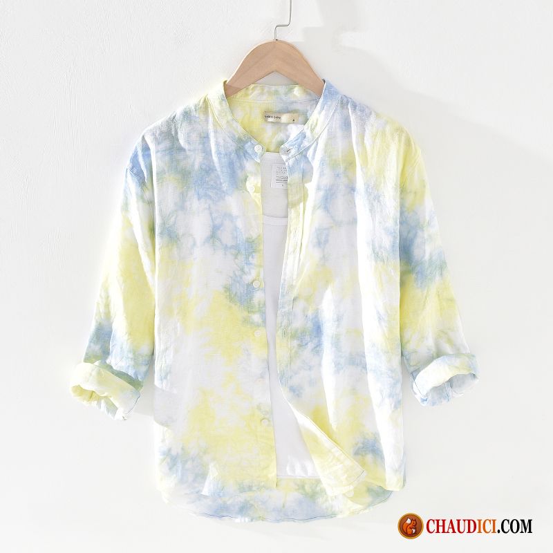 Chemise Soie Homme Plage Impression Été Col Mandarin Tendance Pas Cher