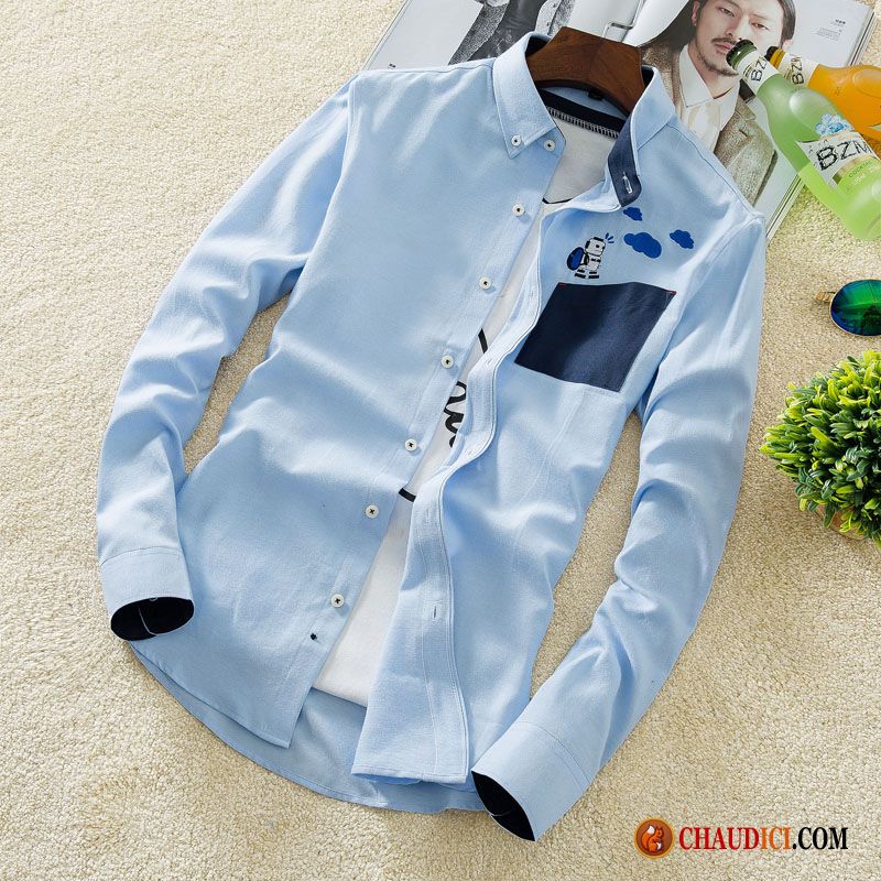 Chemise À Carreaux Bleu Chemise Longues Blanc Impression Homme